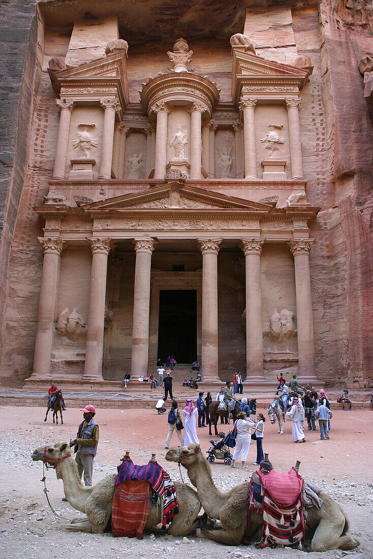 Camels and tourists in front of the Khasneh (Treasury) at Petra. Jordan