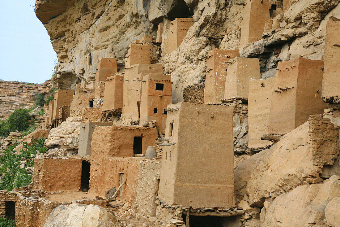 Old Tellem dwellings built into the face of the Bandiagara Escarpment. Dogon Country, Mali