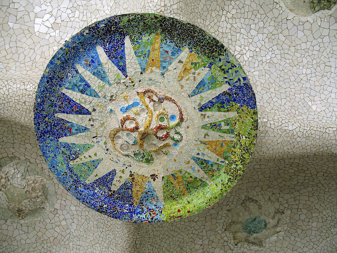 Mosaic decorations at Hypostile hall. Güell Park by Gaudí. Barcelona. Catalonia. Spain