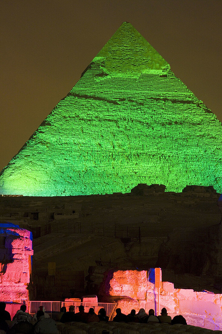 Illuminated Chephren Pyramid at night. Giza. Cairo. Egypt