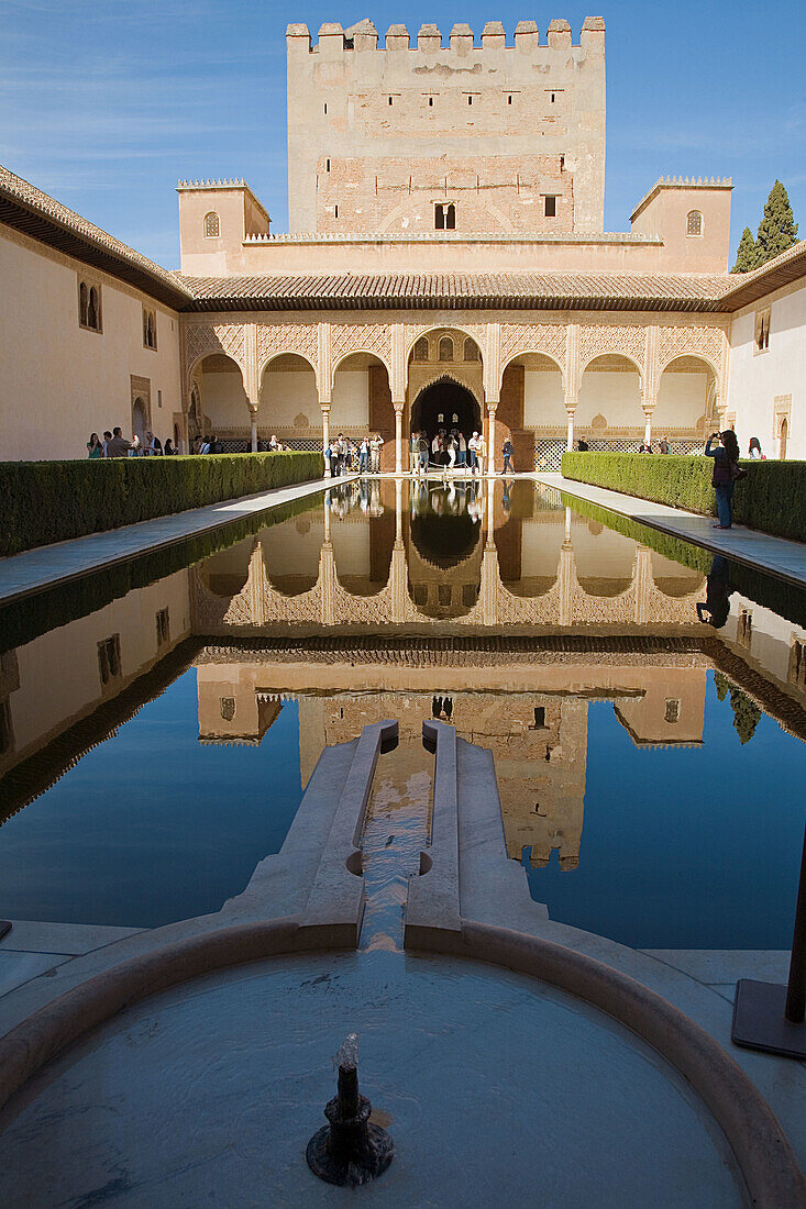 Tower of Comares and Patio de los Arrayanes (Court of the Myrtles). Alhambra. Granada. Andalusia. Spain