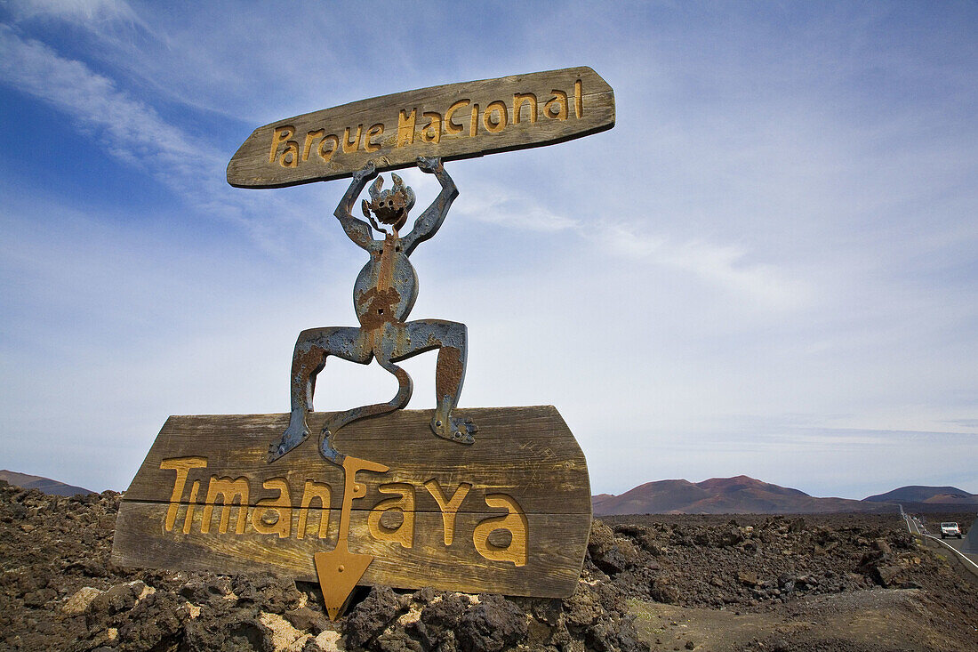 Sign by Cesar Manrique at the entrance to Timanfaya National Park. Lanzarote, Canary Islands, Spain