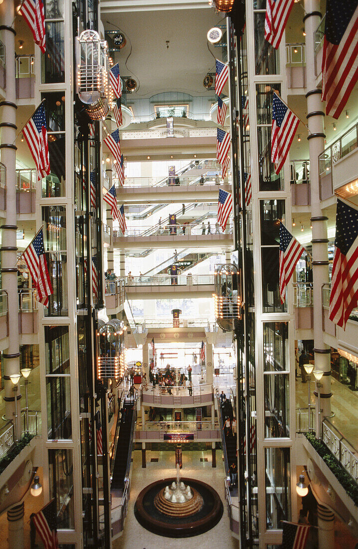American flags. Manhattan shopping mall. New York City. USA