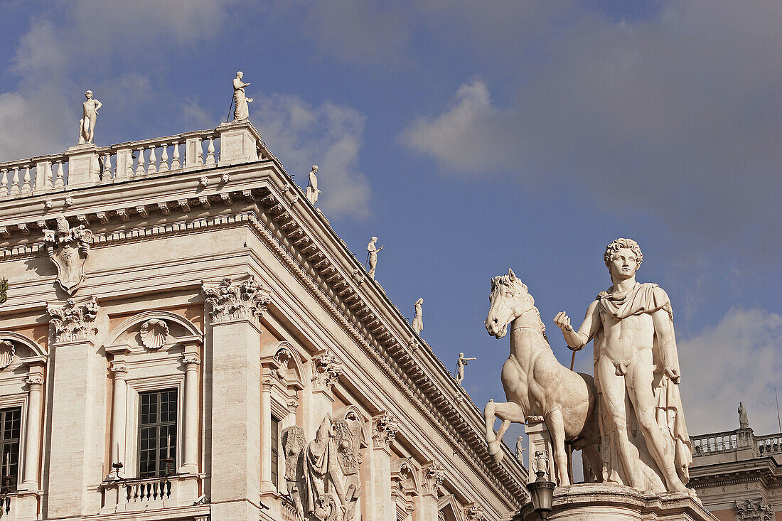 Statue of  one of the Dioscuri. Piazza del Campidoglio, designed by Michelangelo. Rome. Italy