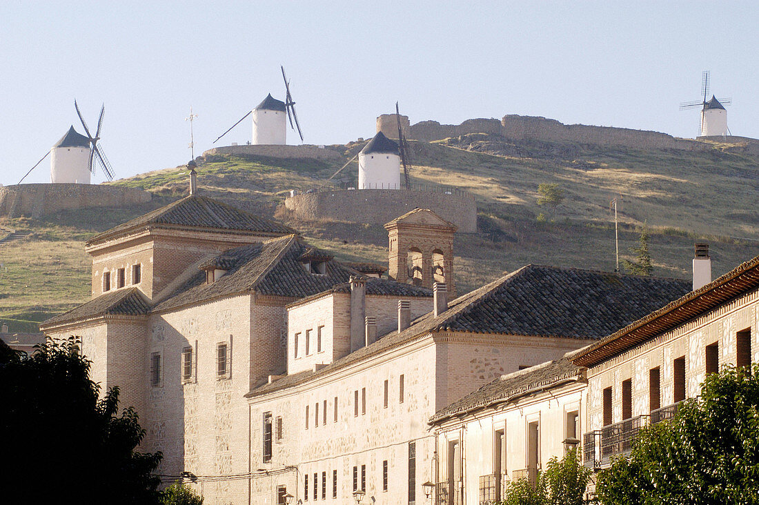 Windmills and village. Consuegra. Toledo province. Castilla-La Mancha. Spain