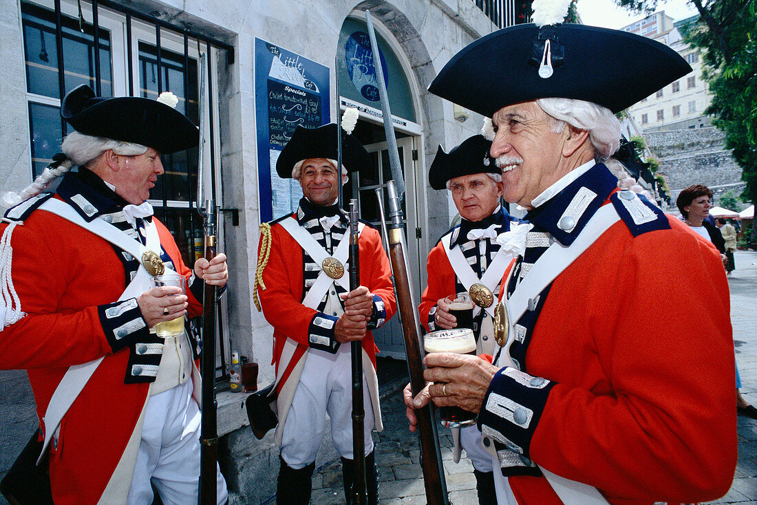 Gibraltars guards. Having a break drinking bear after parade. Gibraltar. UK