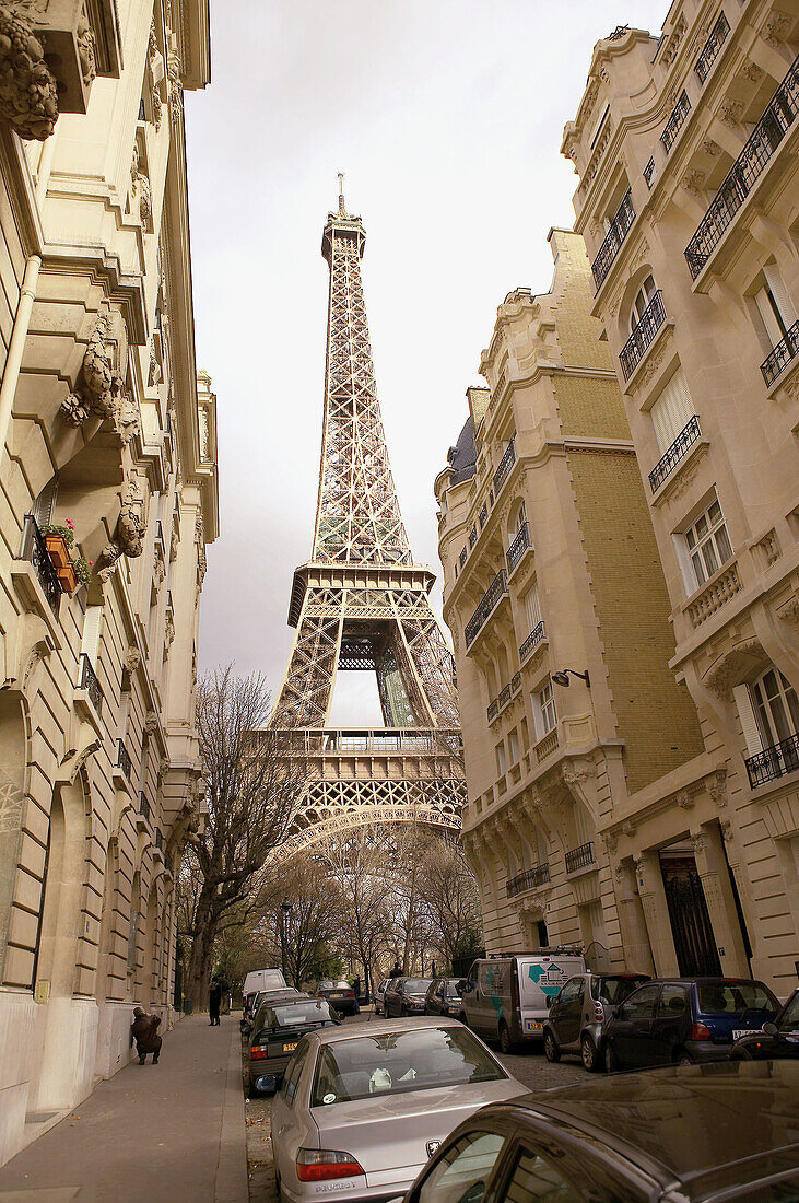Eiffel Tower viewed from street. Paris. France