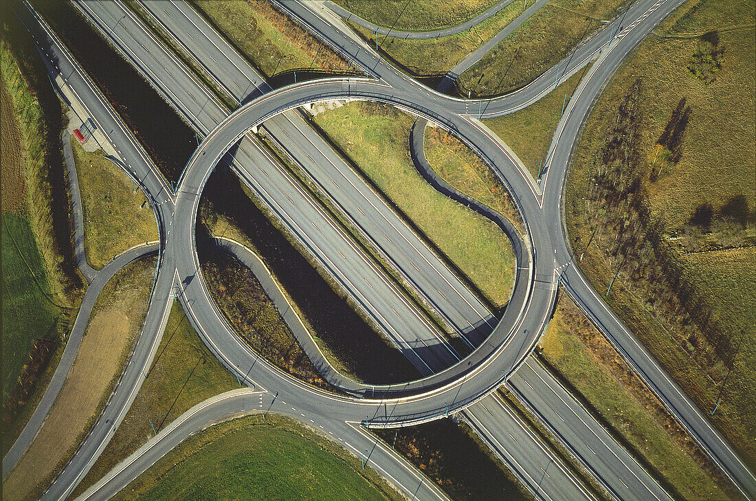 Rondell, roads in landscape, meeting point, aerial view. Kristianstad, Skåne, Sweden