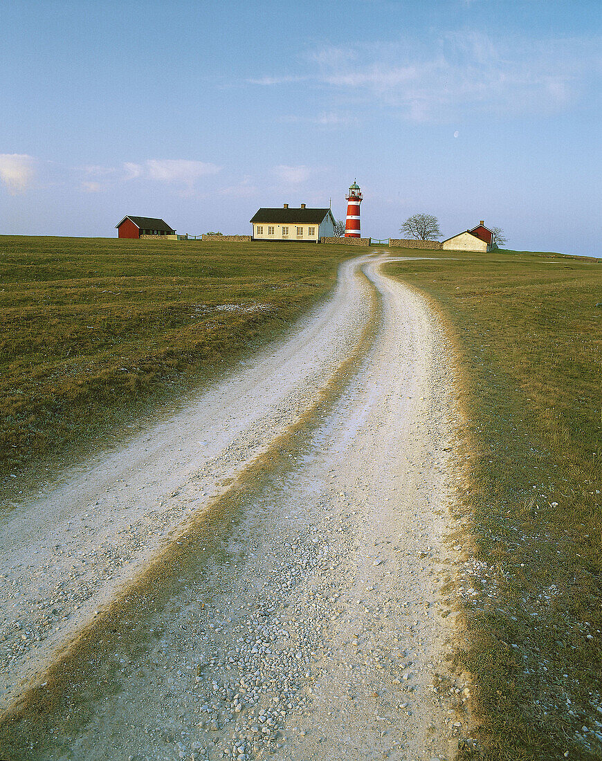 Lighthouse and gravel road, Gotland, Sweden.