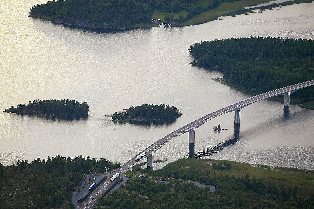 Highway bridge, aerial view. Askersund, Lake vättern. Närke, Sweden