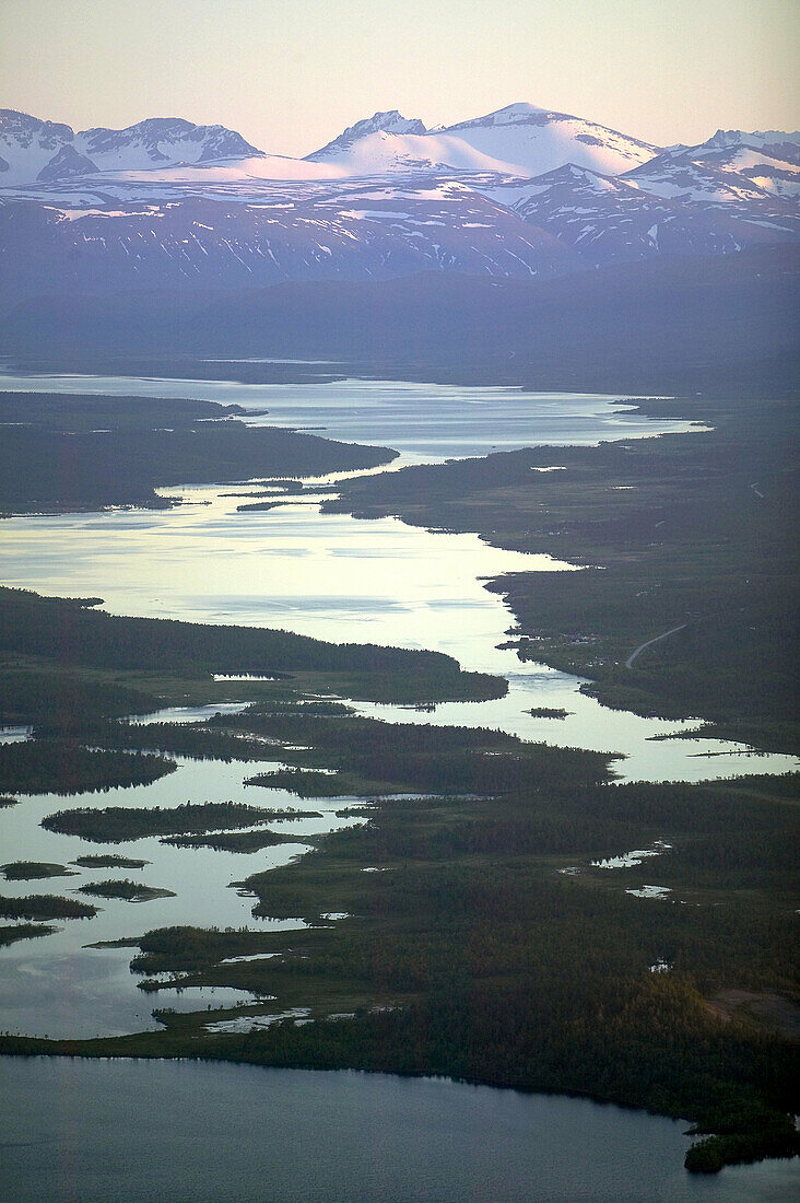 Mountain area, lake, aerial view (the highest top in Sweden). Kebnekaise Mountains. Lapland. Sweden