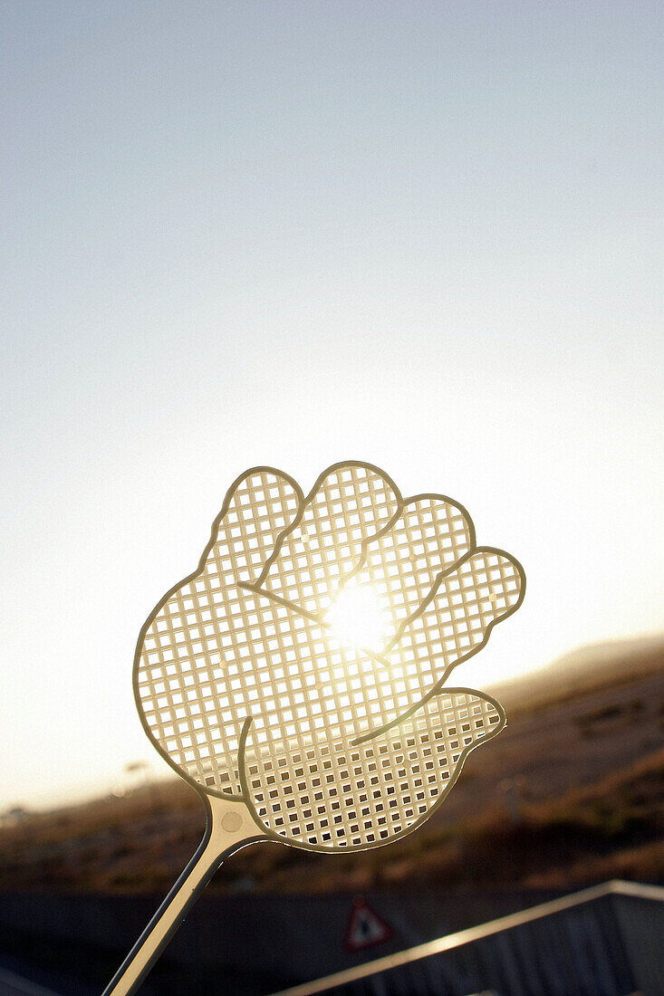 Hand-shaped fly swat covering sun.