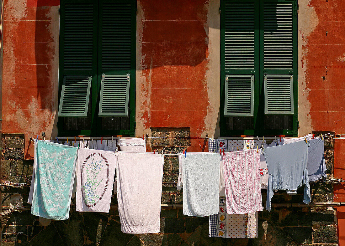 Laundry, clothesline. Cinque Terre, Italian Riviera. Liguria, Italy