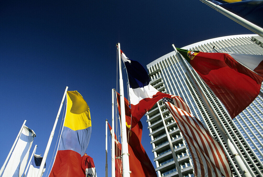 International flags around the Messe Frankfurt, Germany