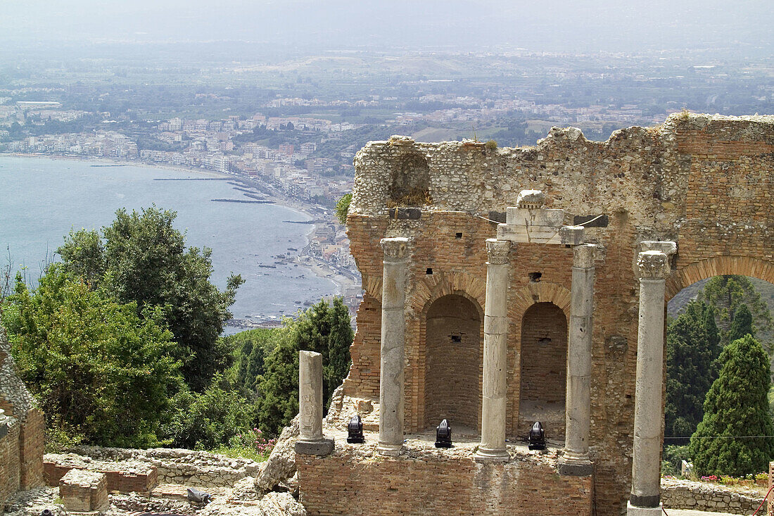 Ruins of old Greek theatre rebuilt in Roman times, Taormina. Sicily, Italy
