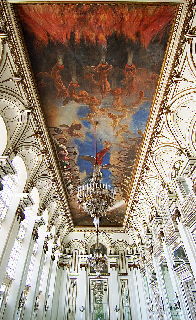 Spectacular ceiling fresco in the Hall of Mirrors (Salon de los Espejos) in Museum of the Revolution (Museo de la Revolucion). Havana, Cuba