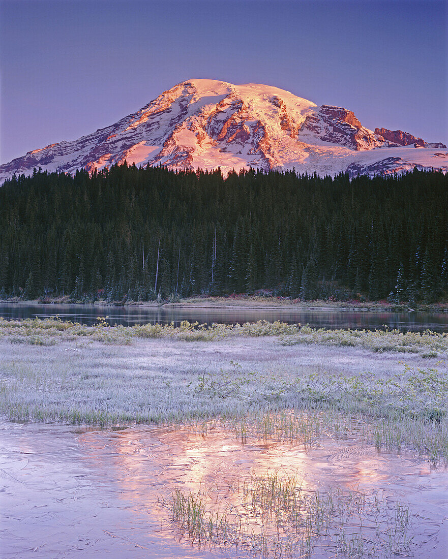 Daybreak on Mount Rainier from Reflection Lake. Mount Rainier National Park. Washington. USA.