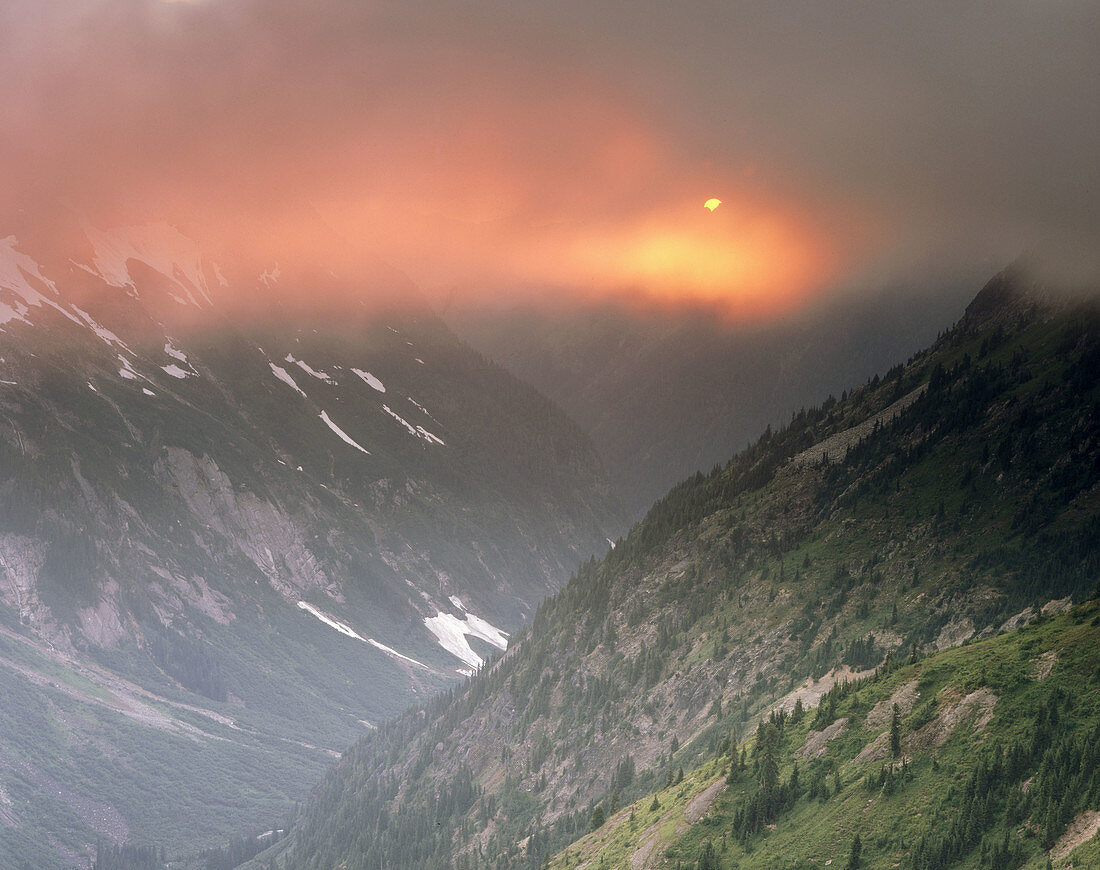 Setting sun over Ruth Creek Valley. Mount Baker Wilderness. Washington. USA.