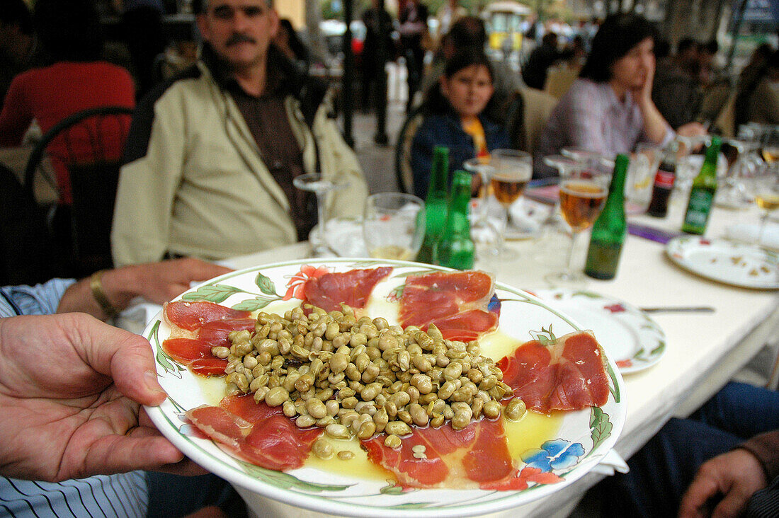 Habas con Jamon food from Chikito Restaurant. Campillo Square. Granada, Andalusia, Spain.
