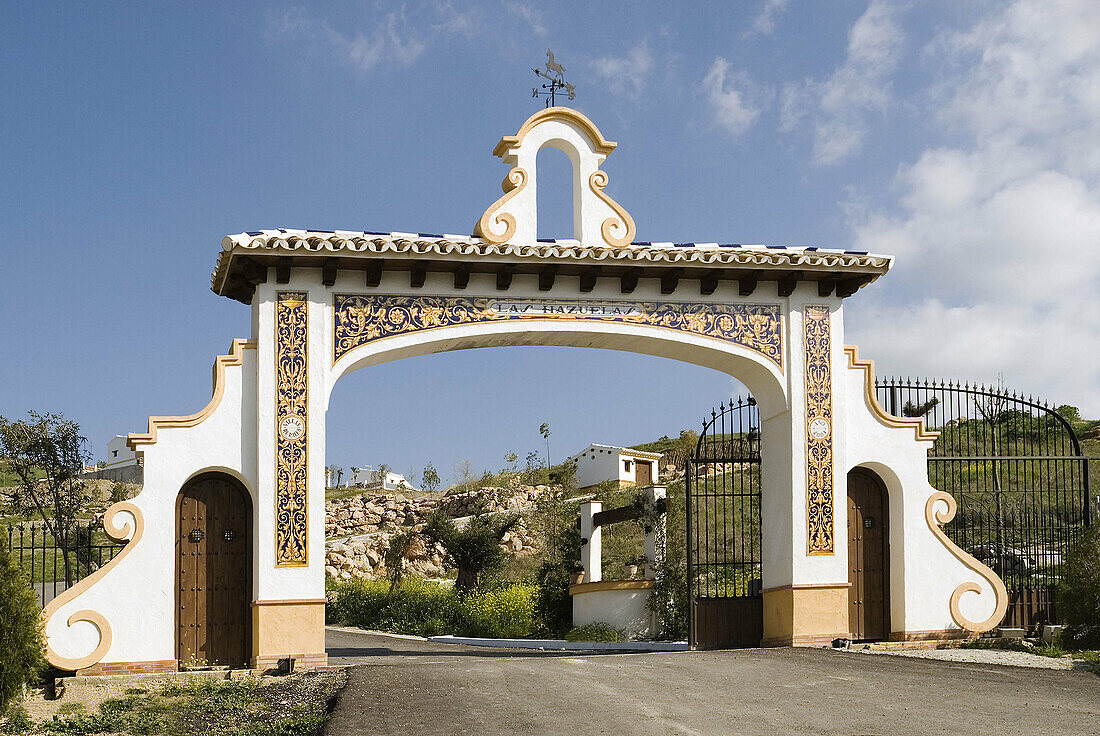 Entrance Gate to new housing development, Algámitas, Sevilla Province, Andalucia, Spain