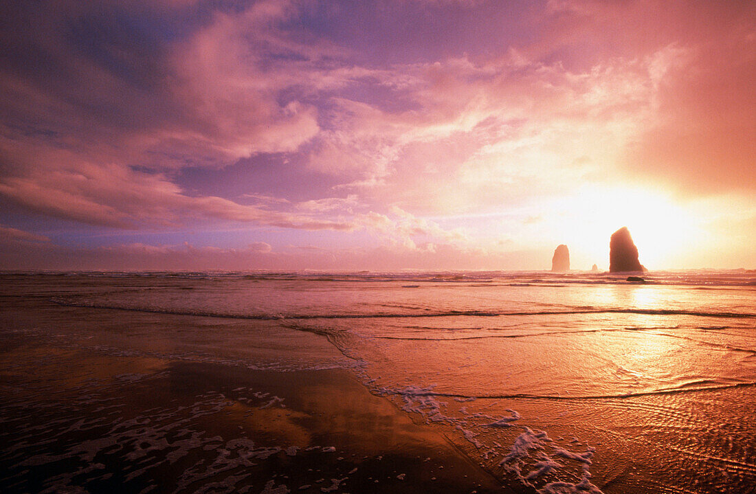 Cannon Beach and needles at sunset. Oregon, USA