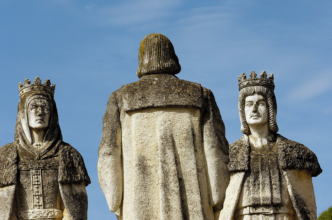 Statues of Queen Isabel, King Fernando and Christopher Columbus in Alcazar Gardens. Córdoba. Andalusia, Spain