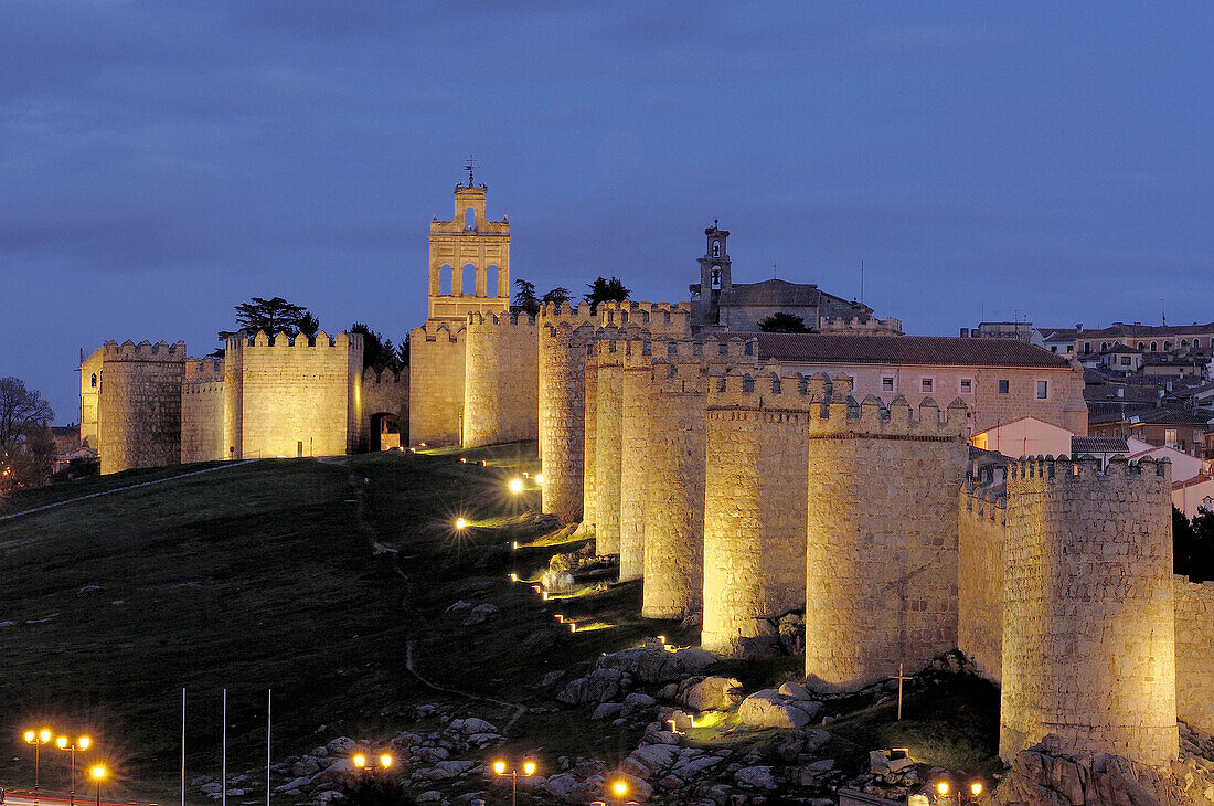 Ávila city walls at night. Castilla-León, Spain