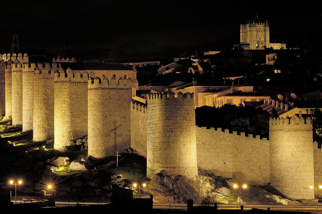 Ávila city walls at night. Castilla-León, Spain