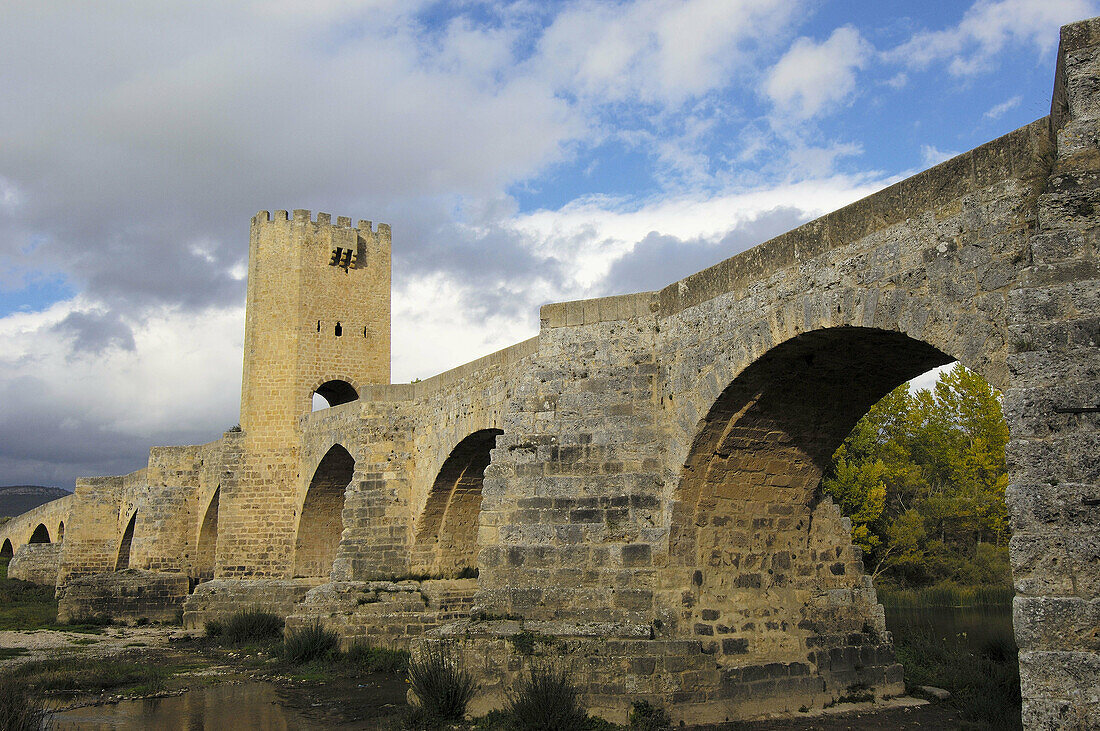Medieval bridge over Ebro river in Frías. Burgos province, Castilla-León, Spain