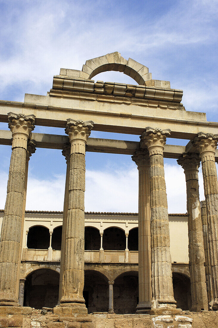 Ruins of Dianas temple in the old Roman city Emerita Augusta, Mérida. Badajoz province, Extremadura, Spain