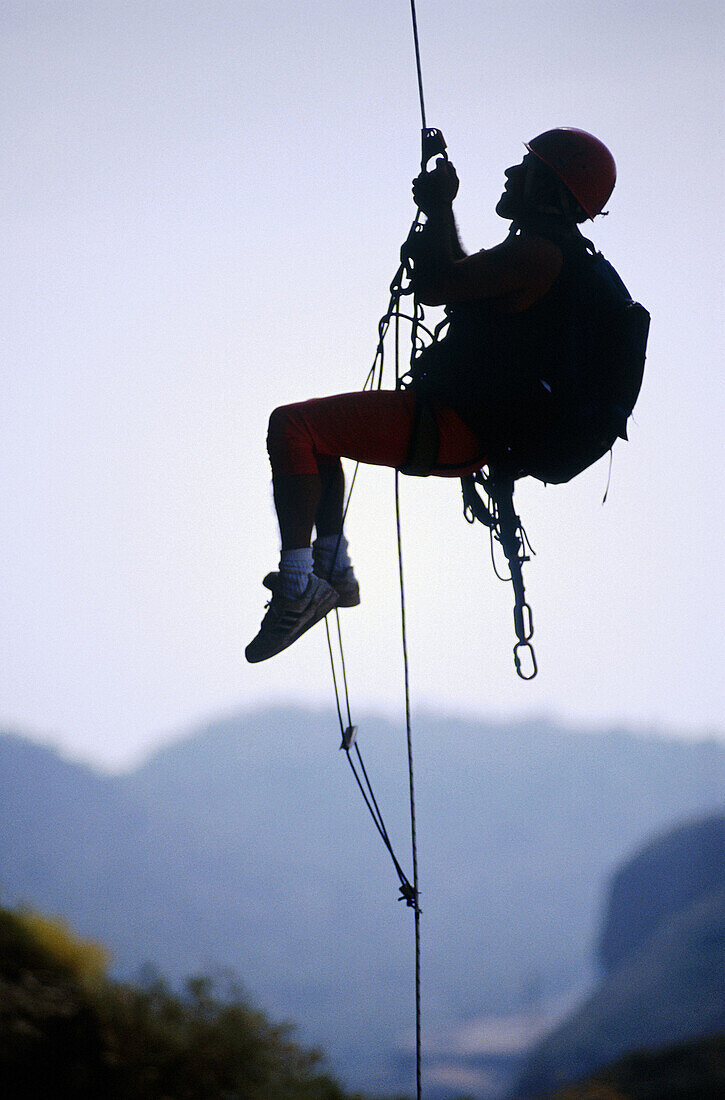 Climber training in Ayacata, near to Artenara village. Gran Canaria Island. Canary Islands. Spain