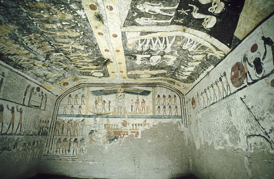 Mural paintings in the Tomb of Rameses IX. Valley of the Kings, Luxor West Bank. Egypt
