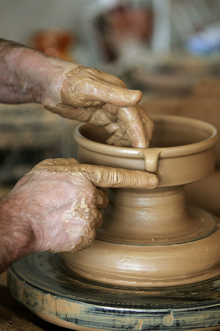 Galician traditional pottery in a workshop. Buño. La Coruña province, Galicia, Spain