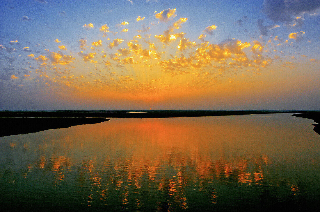 Marshes of Odiel river at sunset. Huelva province, Andalusia, Spain