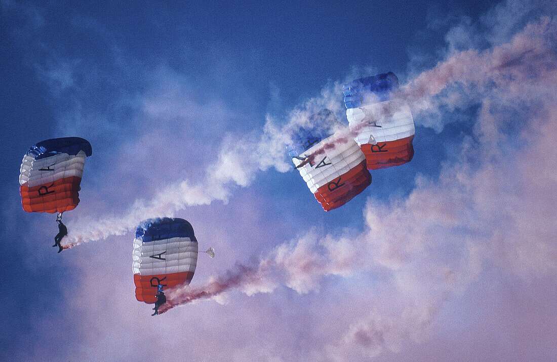The Falcons are the parachute display team of the Royal Air Force. Seen here prior to landing at an air display.