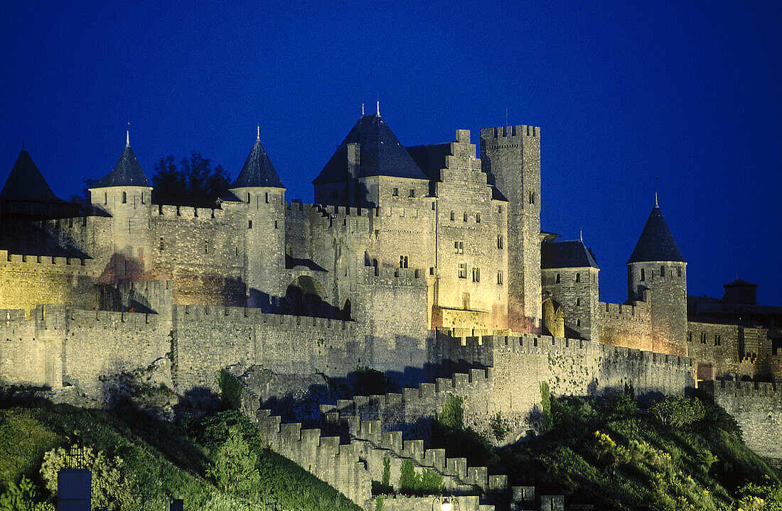 La Cité, Carcassonne medieval fortified town. Aude, Languedoc-Roussillon, France