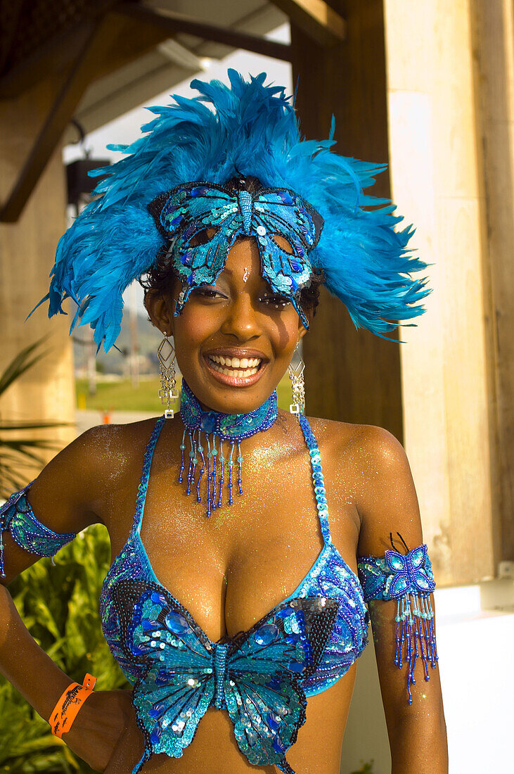 Woman wearing ornate Carnival costume, Trinidad Carnival, Queens Park Savannah, Island of Trinidad, Republic of Trinidad and Tobago