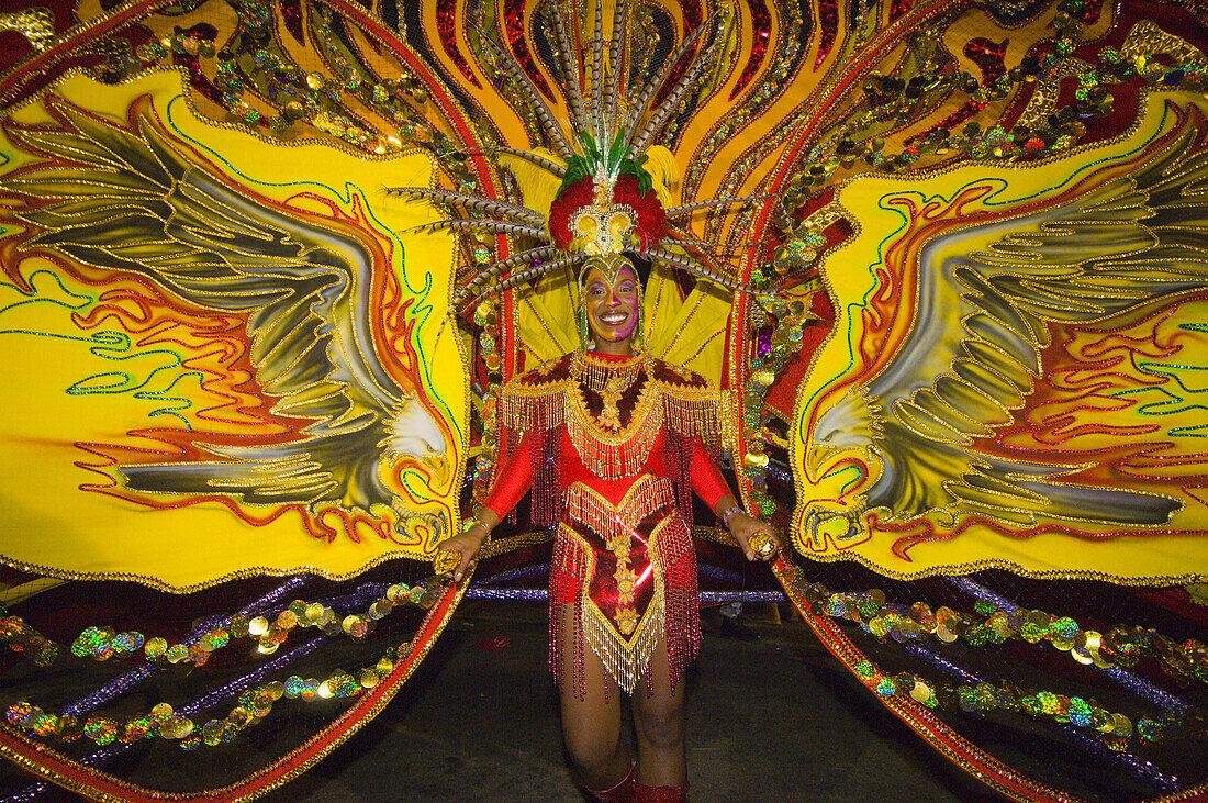 Woman competing in Queen & King of Carnival Competition during Trinidad Carnival, Queens Park Savannah, Island of Trinidad, Republic of Trinidad and Tobago