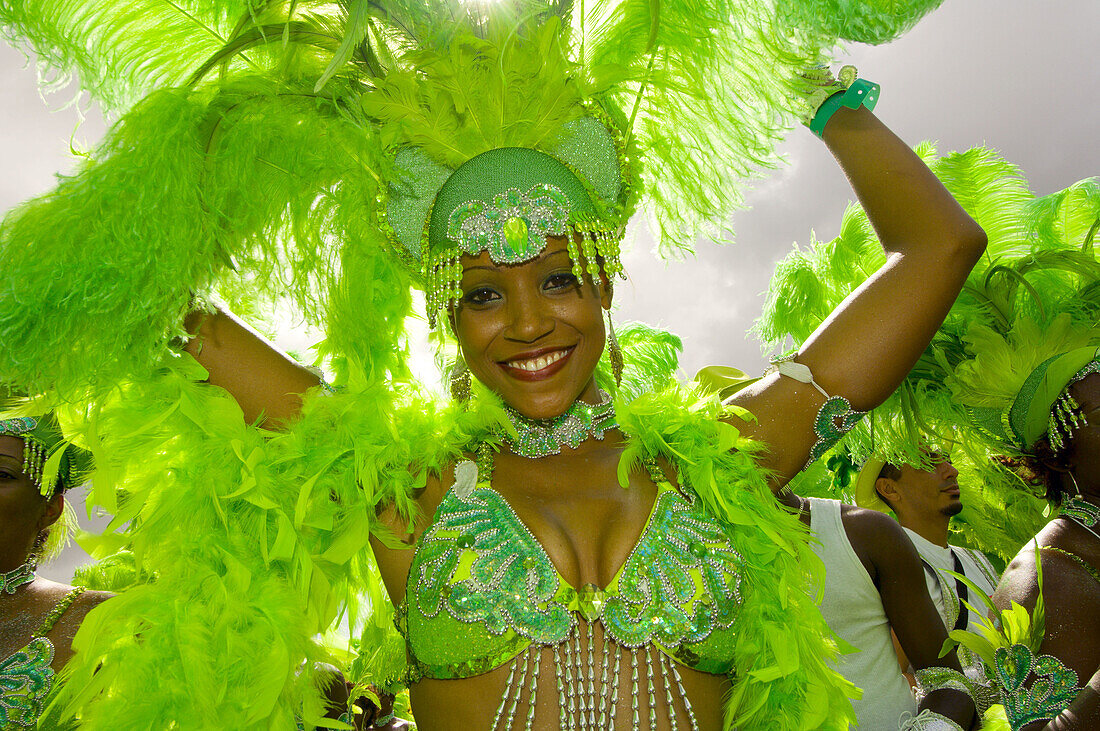 Woman in green Carnival costume, Trinidad Carnival, Port of Spain, Island of Trinidad, Trinidad and Tobago