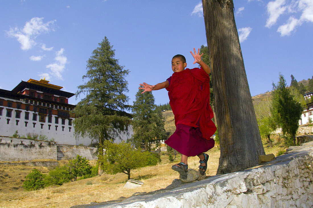 Novice monk running down wall in front of the Paro Dzong during the Paro Tsechu (festival), Paro, Bhutan