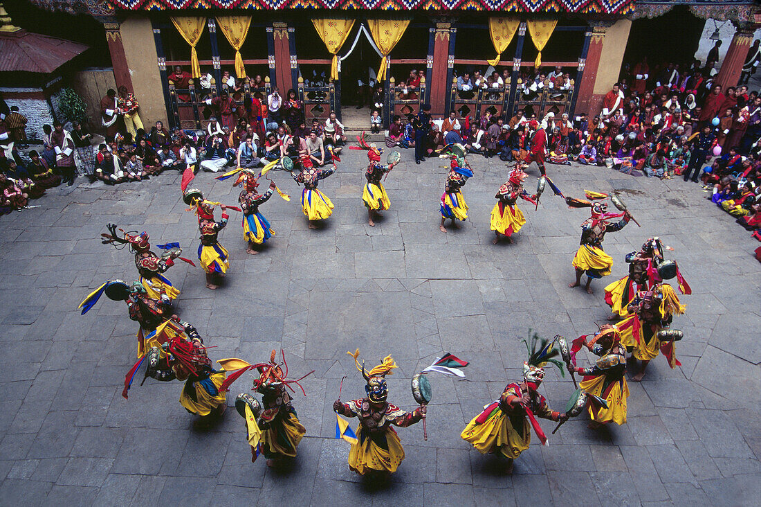 Dance of the Drum from Dramitse, Paro Tsechu (festival), Paro Dzong, Paro, Bhutan