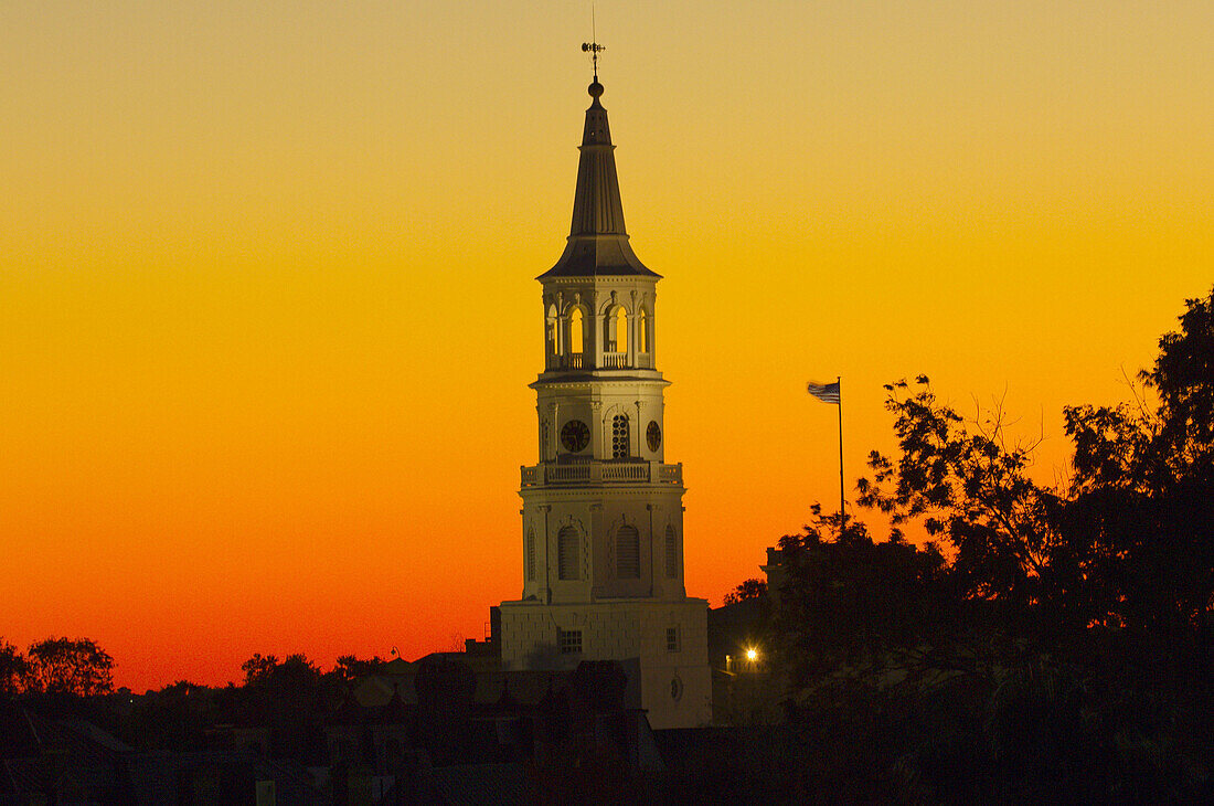 Twilight view of the steeple of St. Michaels Episcopal Church, in the historic district of Charleston, South Carolina