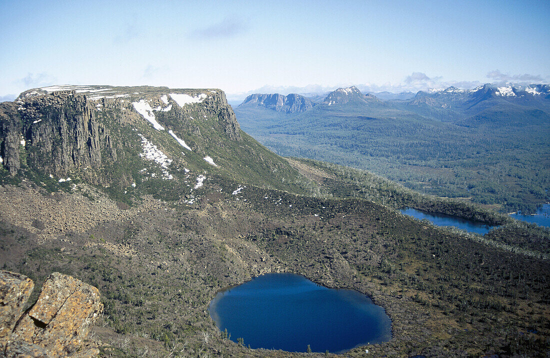 Stunning view of Lake Oenone and Lake Helen and other nearby peaks from summit of Mt Olympus. Cradle Mt-Lake St Clair National Park, Tasmania, Australia 