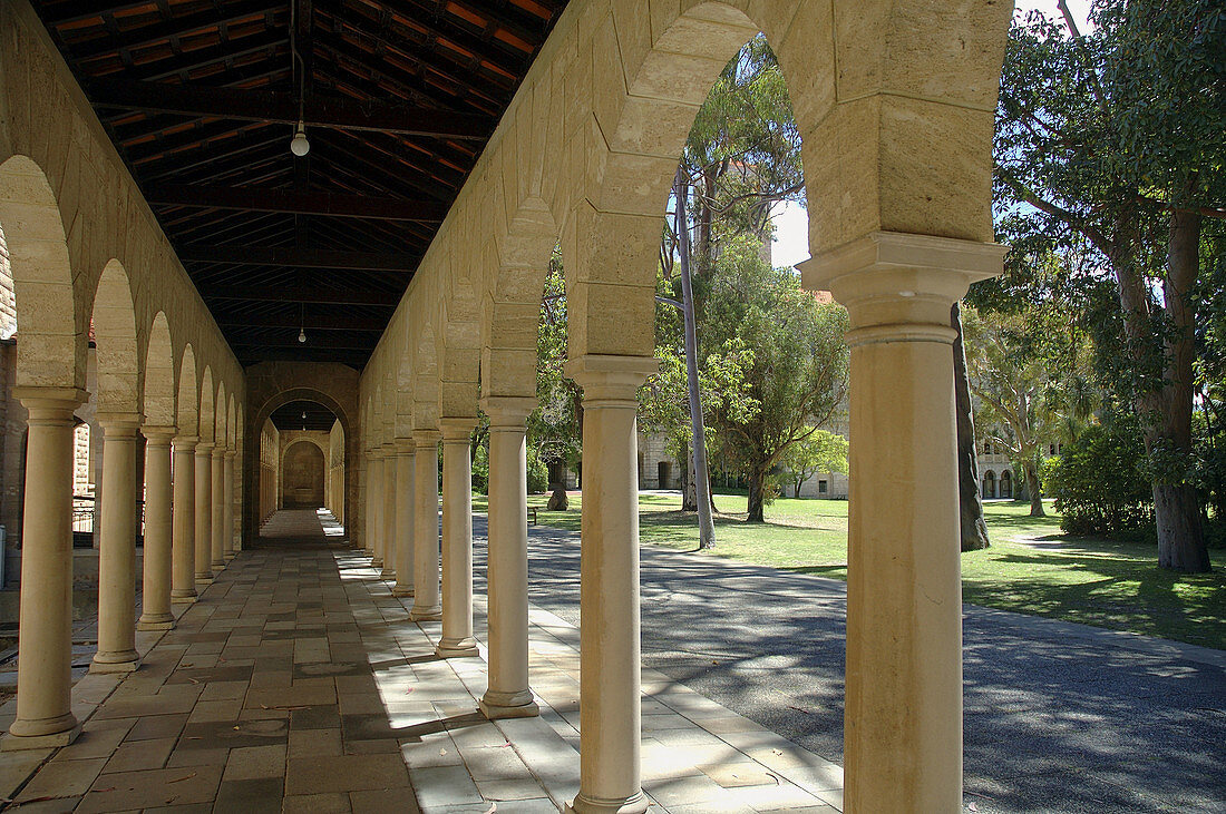 Classical colonades on campus at the University of Western Australia, Perth, Western Australia.