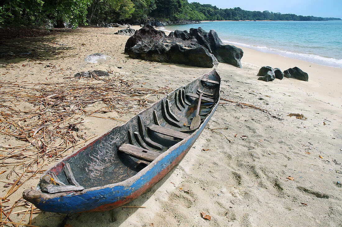 Dugout canoe or pirogue on the beach, Masoala National Park, Masoala Peninsula, Antongil Bay, Madagascar