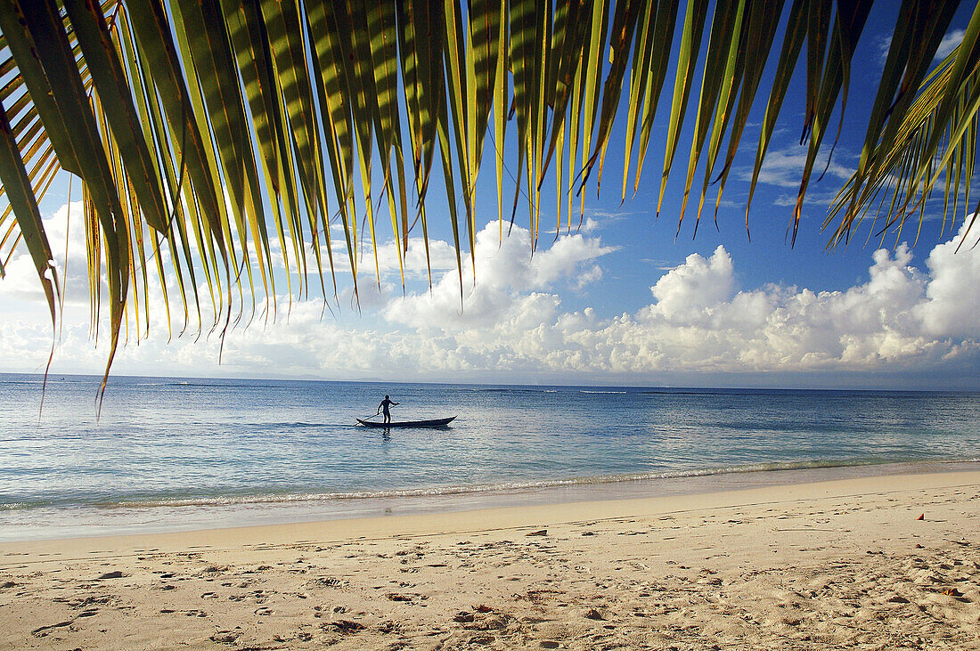 Local passing beach in dugout canoe (pirogue), Ile aux Nattes (Nosy Nato), Madagascar