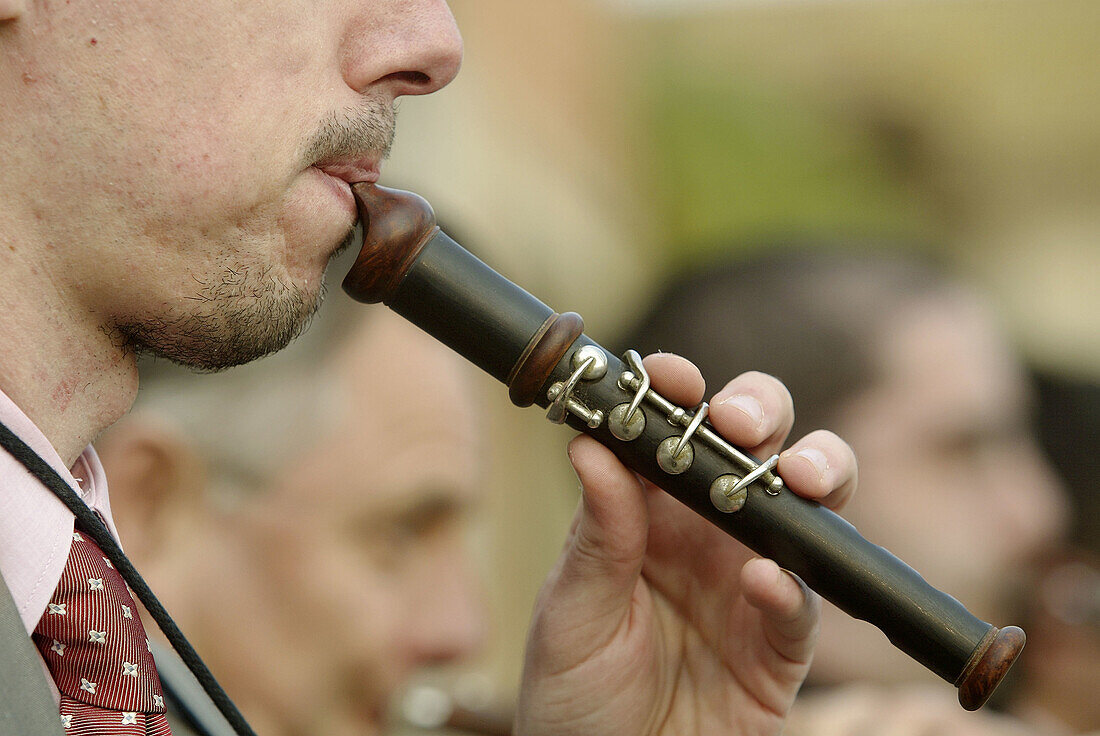 Flabiol is the instrument opening the Sardana in a Cobla (music band). Sardanas in Crespià Fira de la Mel (Honey Fair). Pla de lEstany. Girona province. Spain.