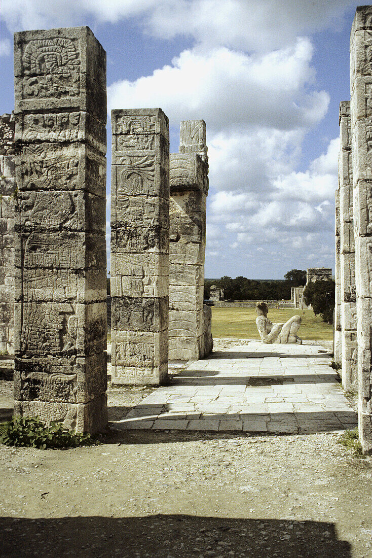 Chac-Mool. Chal, Chaak (top mayan God of agriculture,fertility, rain and lightning) on temple of warriors. Maya Architecture /Toltec influence Chichen Itza, Yucatan, Mexico