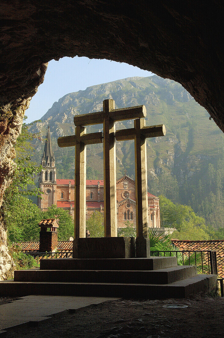 Basilica of Nuestra Señora de las Batallas seen from cove-chapel, Covadonga. Asturias, Spain