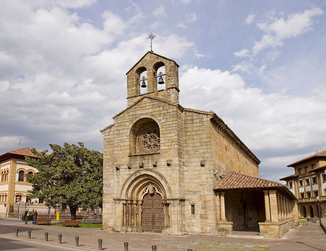 Romanesque main front of Santa Maria de la Oliva church, Villaviciosa. Asturias, Spain